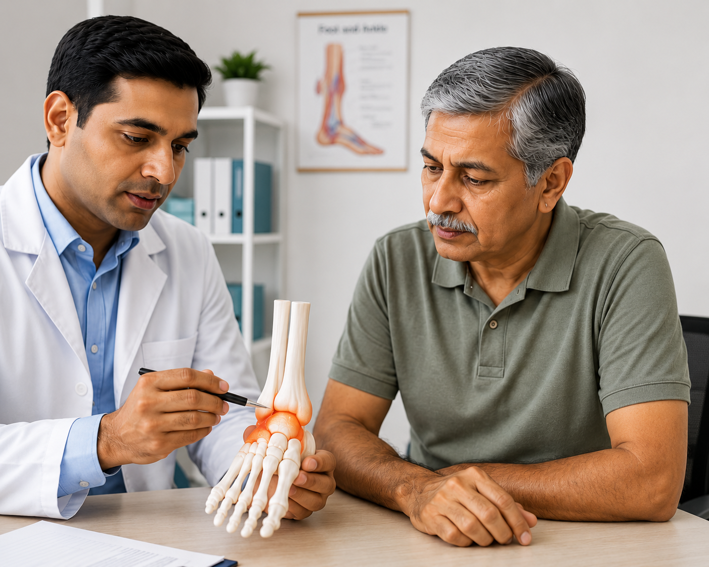 Doctor explaining gout and foot joint inflammation to a patient